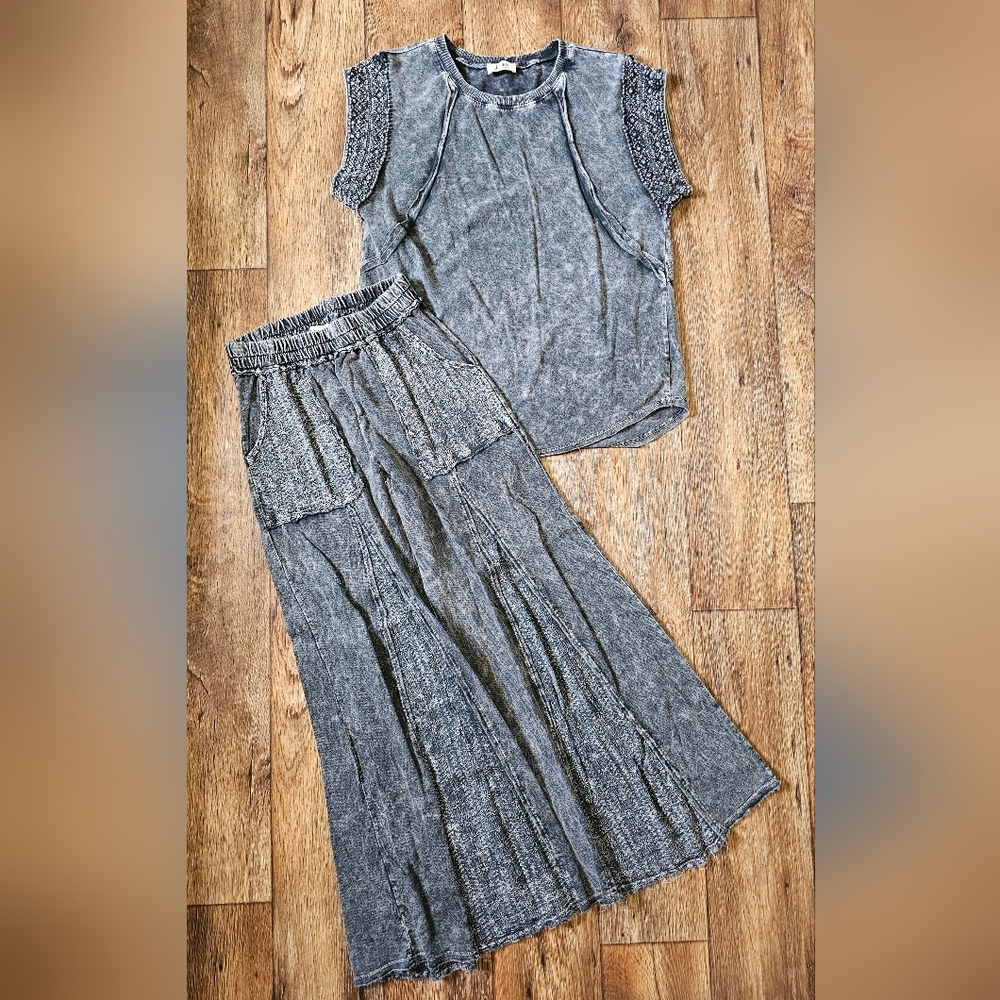 J. HER Women’s Small Set Outfit – Bohemian Mineral Wash Top & Wide Leg Pants